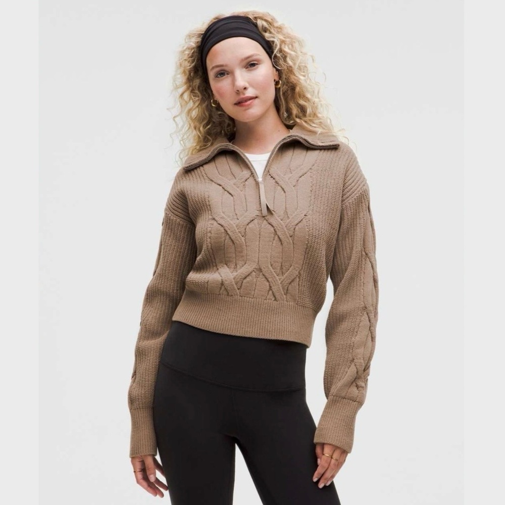 Lululemon Size L Cable-Knit Oversized Half
Zip Sweater in Taupetastic